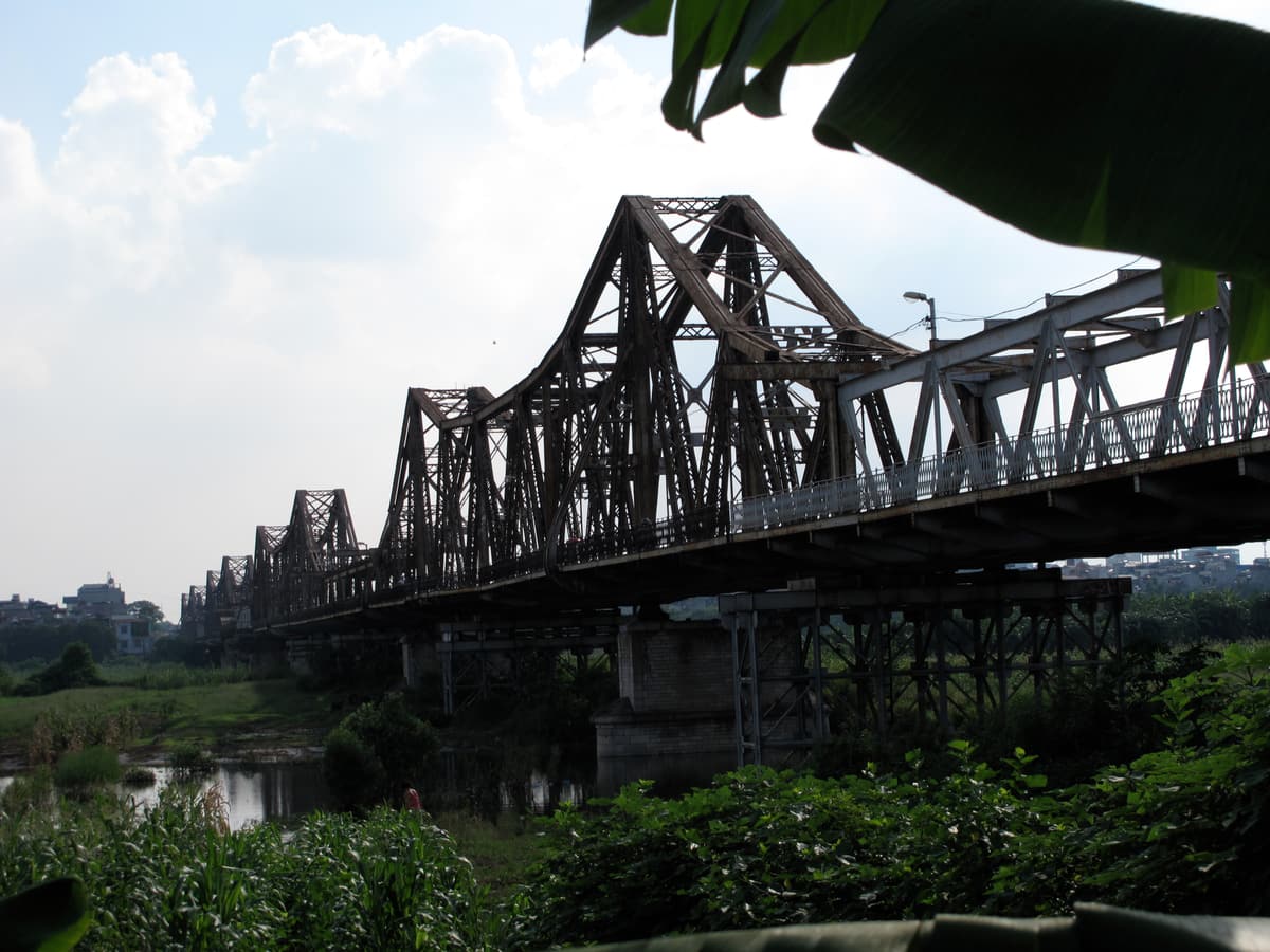The steel girders of the old Long Bien Bridge in Hanoi
